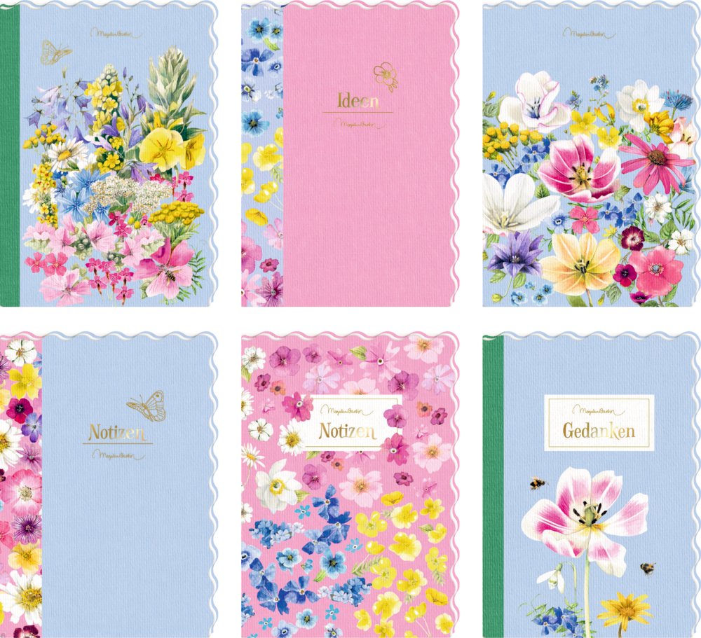 Sechs pastellfarbene Notizbücher mit Goldschrift und verzierten Einbänden, jeweils mit bunten Blumenmotiven.
