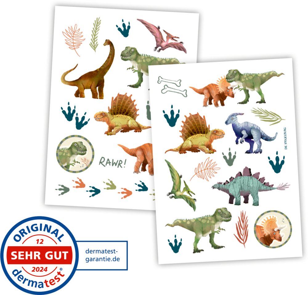 Zwei Bögen mit bunten Dinosaurier-Tattoos, Fußspuren, Blättern und Knochenmotiven, daneben ein „Sehr gut 2024“-Testsiegel.