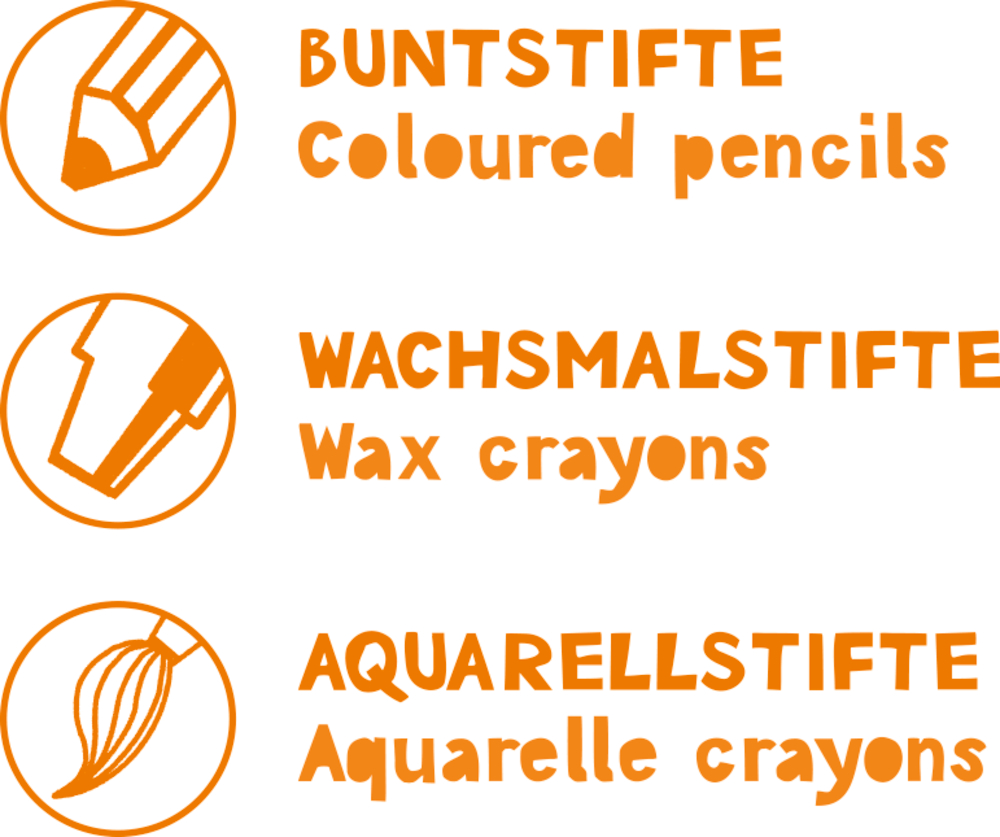 Drei orangefarbene Symbole mit deutscher und englischer Aufschrift: Buntstifte, Wachsmalstifte, Aquarellstifte.