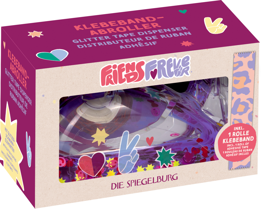 Transparenter Klebebandabroller mit Glitzerelementen in lilafarbener Verpackung mit bunten Symbolen und Sichtfenster.