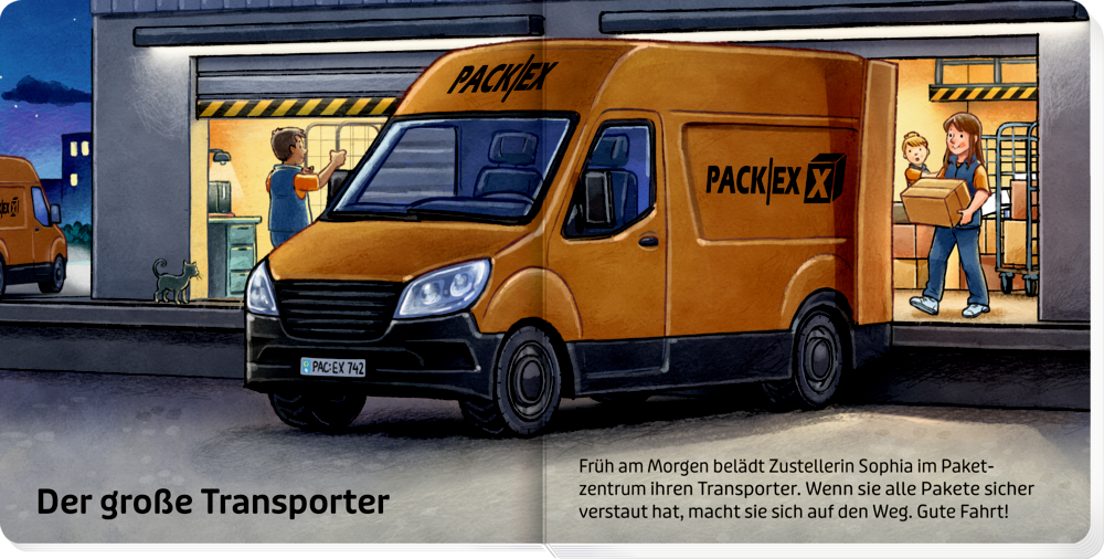 Ein Lieferwagen steht vor einem Gebäude. Pakete werden eingeladen. Es ist früher Morgen.