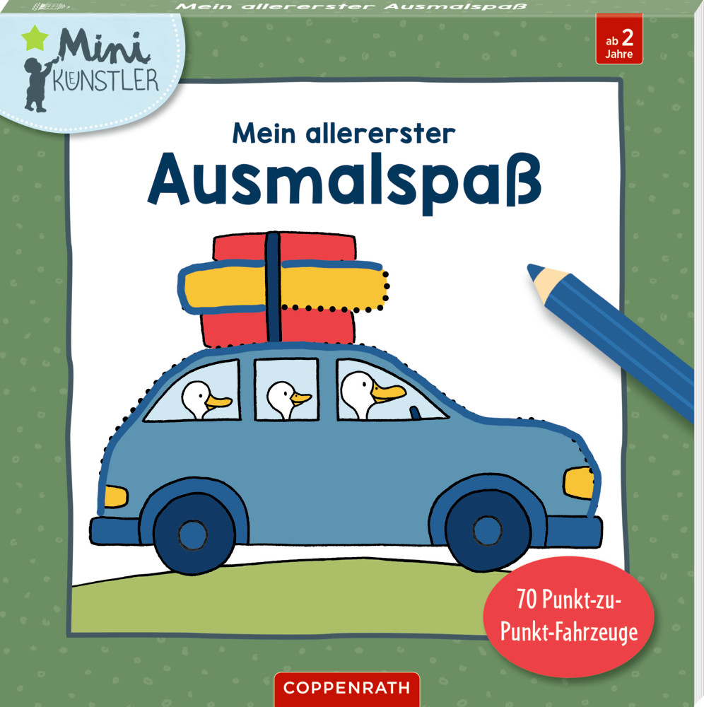 Malbuch-Cover mit blauem Auto, drei Gänsen im Inneren und bunten Gepäckstücken auf dem Dach, daneben ein blauer Buntstift.