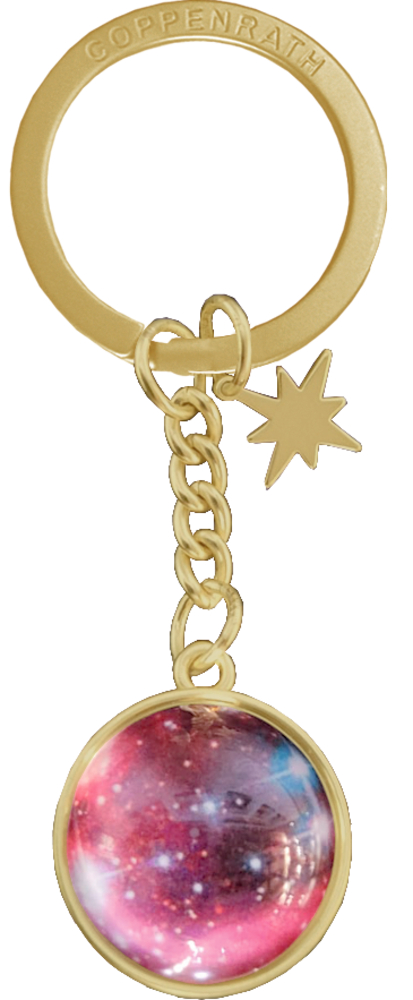 Goldener Schlüsselanhänger mit rundem galaxy Design Anhänger und kleinem sternförmigen Anhänger.