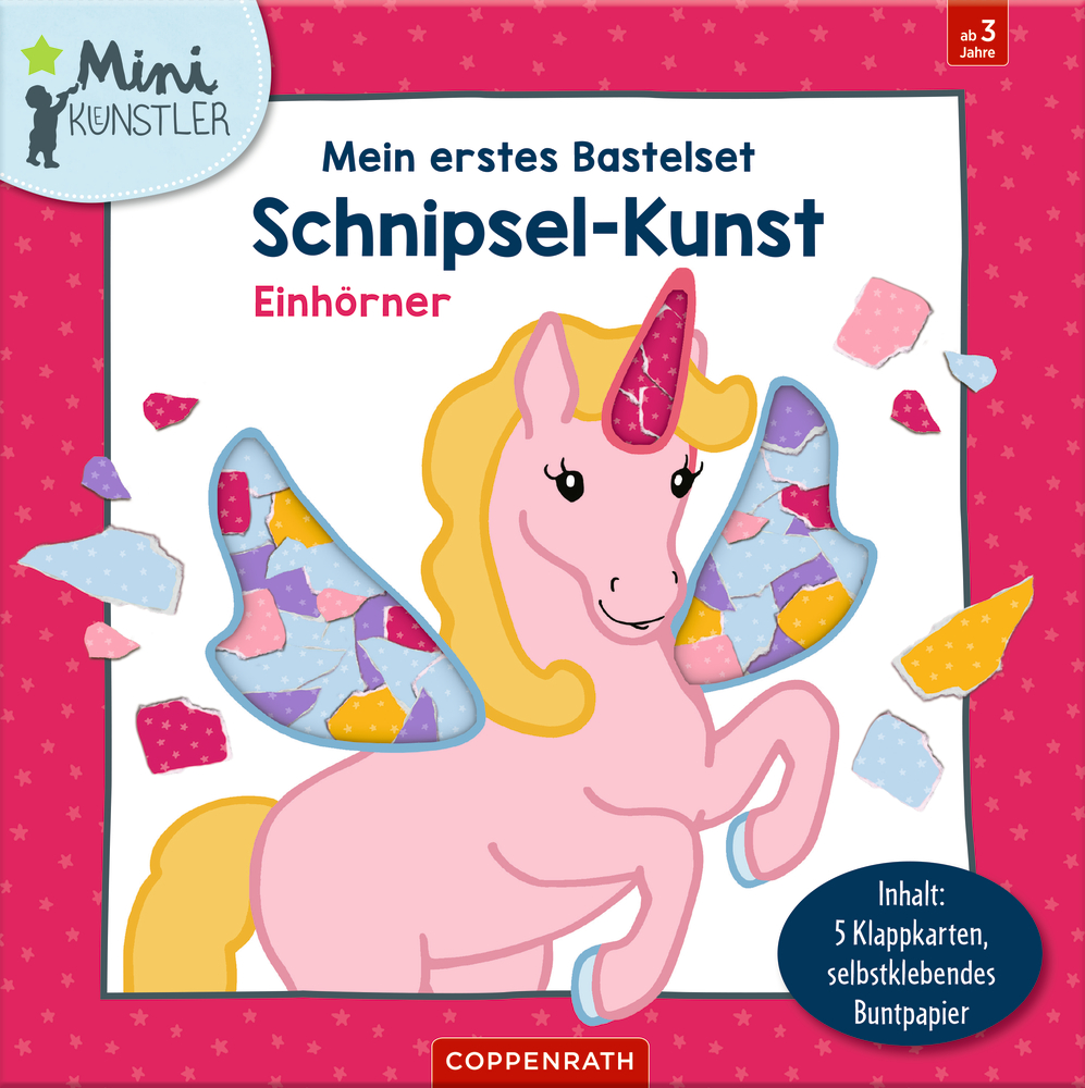 Eine rosa Einhornillustration mit Collagestücken und bunten Formen ziert den Einband eines Bastelsets.
