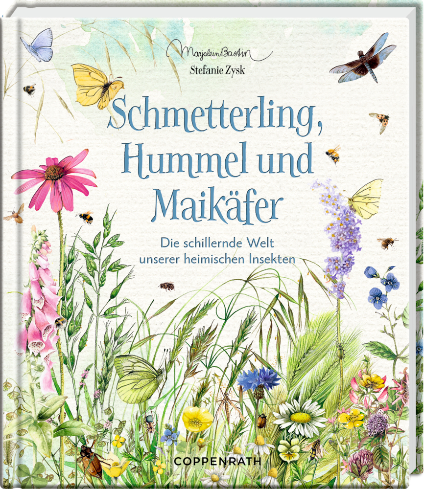 Buchcover mit illustrierten Wildblumen, Insekten und dem  Titel: „Schmetterling, Hummel und Maikäfer“.