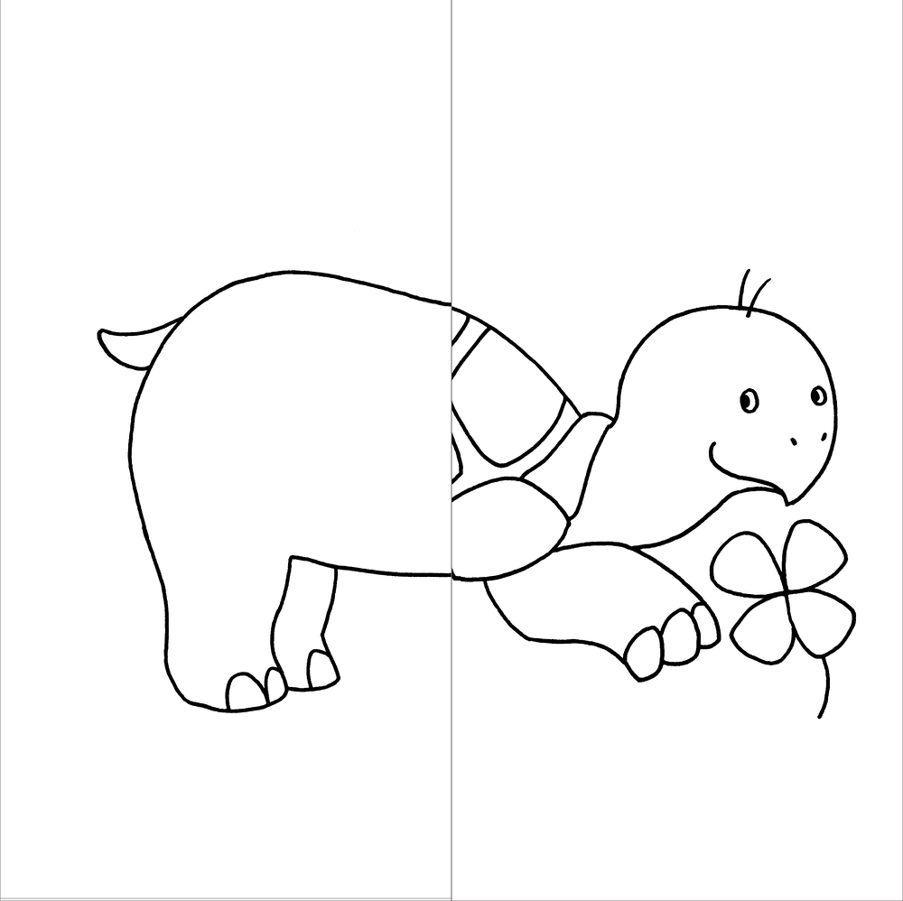 Strichzeichnung zeigt eine Schildkröte vorne und ein Nilpferd hinten.