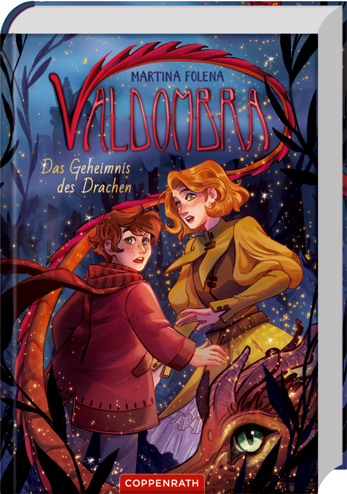 Zwei Kinder und ein Drache stehen in einem magischen Nachtwald, der Buchtitel des Covers lautet: „Valdombra“.