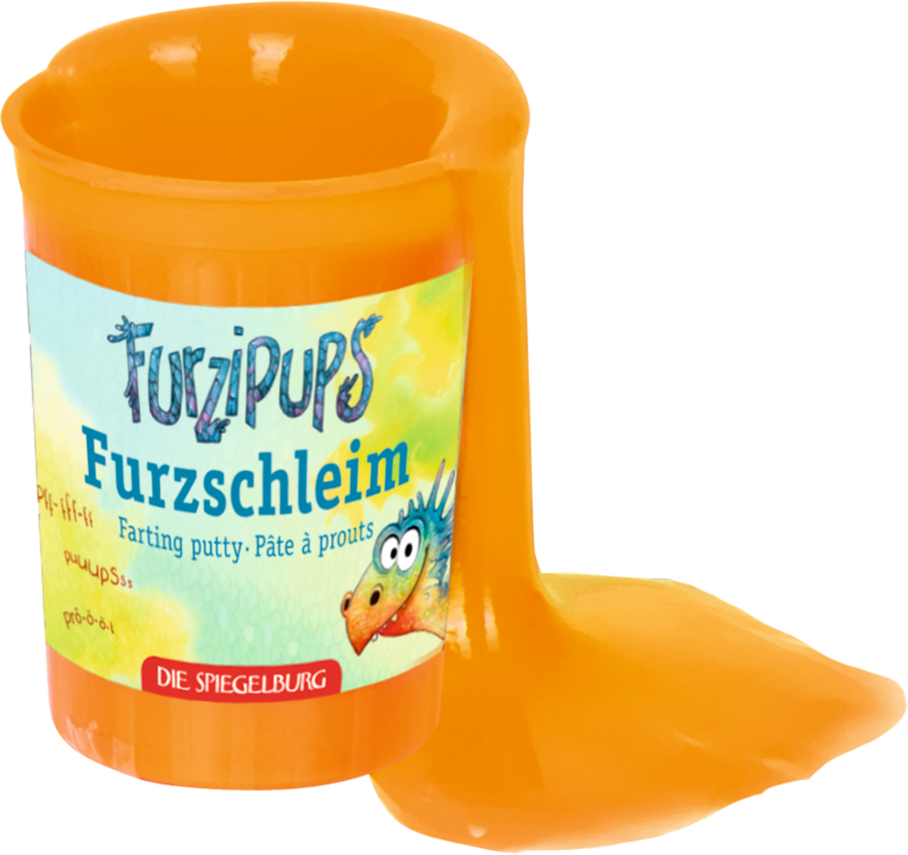 Orangefarbener Behälter, aus dem eine orangefarbene Substanz herausquillt, mit einem Comic-Drachen auf dem Etikett.