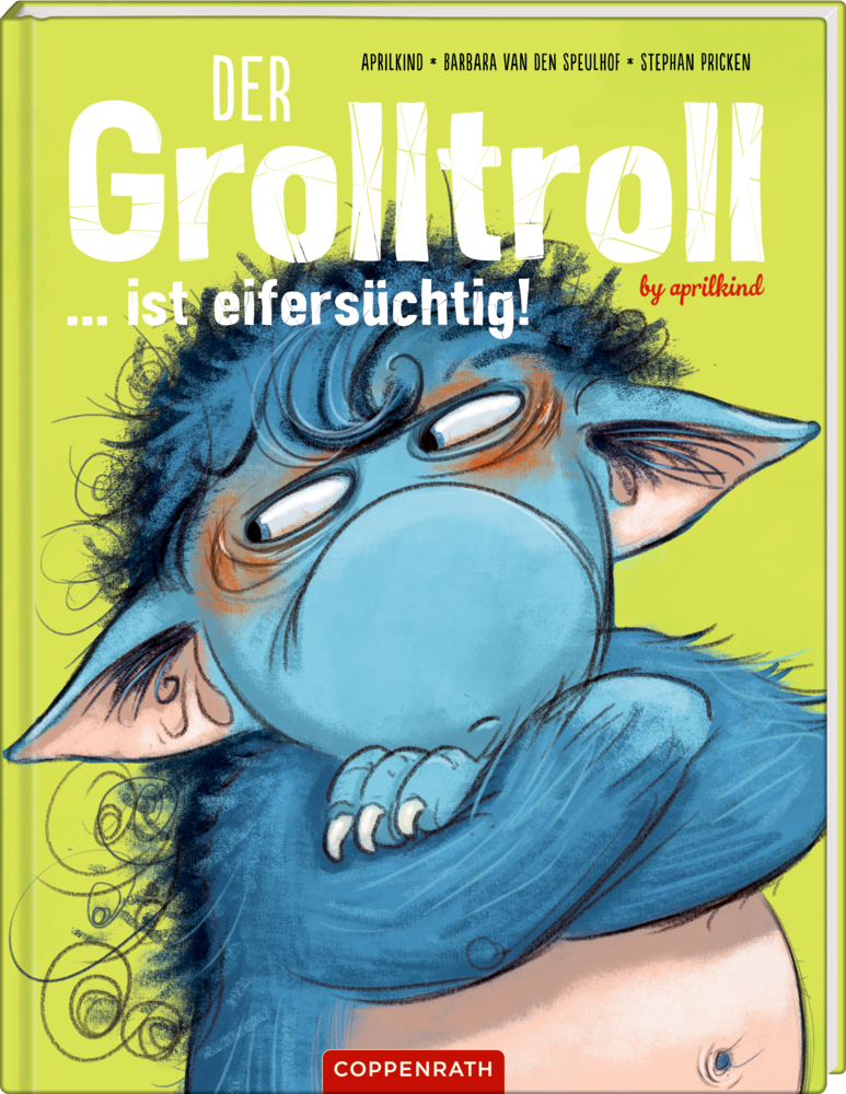 Ein mÃ¼rrischer blauer, pelziger Troll mit groÃŸen Ohren ziert das Cover in der 3D-Ansicht des deutschen Kinderbuchs â€žDer Grolltroll ist Eifersüchtig!â€œ .