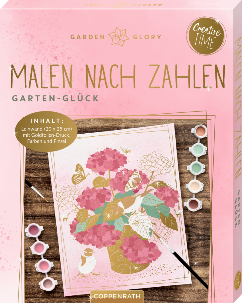 Malen-nach-Zahlen-Set „Rosa Hortensie“ mit Vasenmotiv. Enthält Farben, Pinsel und Anleitung.