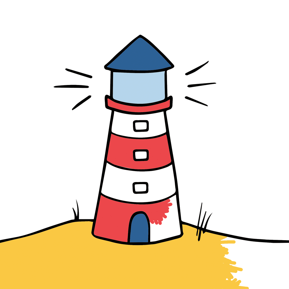 Illustration eines Leuchtturms auf gelbem, unvollständig ausgemaltem Boden.