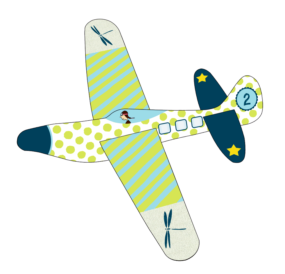 Papp-Segelflugzeug mit grünen Streifen, hellgrünen Punkten, gelben Sternen und einem Piloten im Cockpit.