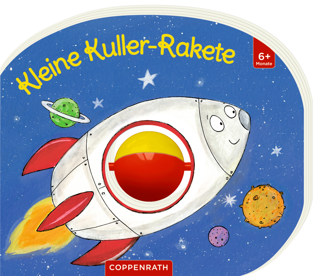 Kinderbuchcover: Eine lächelnde Rakete im Weltall mit Planeten, betitelt „Kleine Kuller-Rakete“.