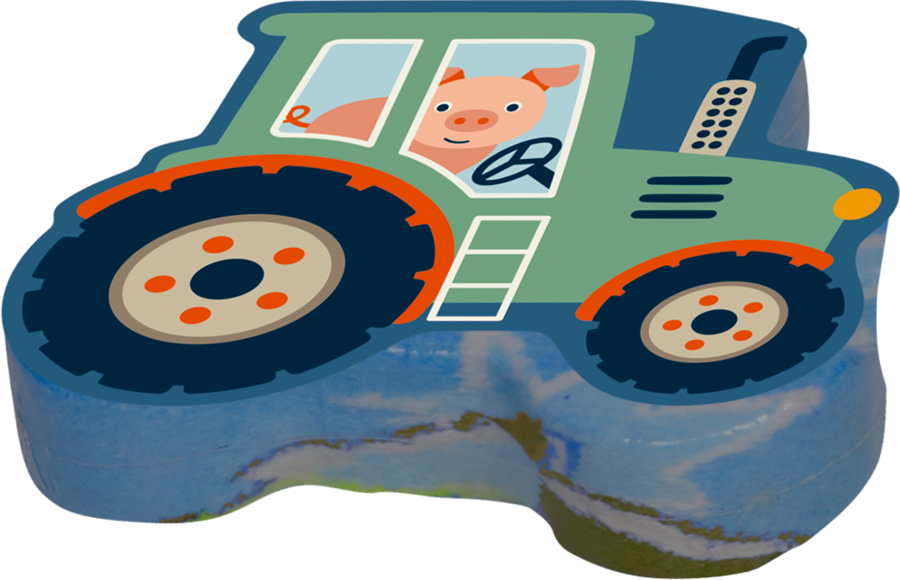 Flaches, blaues Päckchen mit den Umrissen eines Traktors sowie Aufdruck einer Traktor-Illustration mit einem Schweinchen am Steuer.