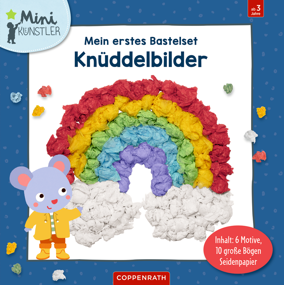 Cover des Bastelsets: Knüddel-Papierregenbogen mit einer lustigen Maus im gelben Regenmantel auf der linken Seite.