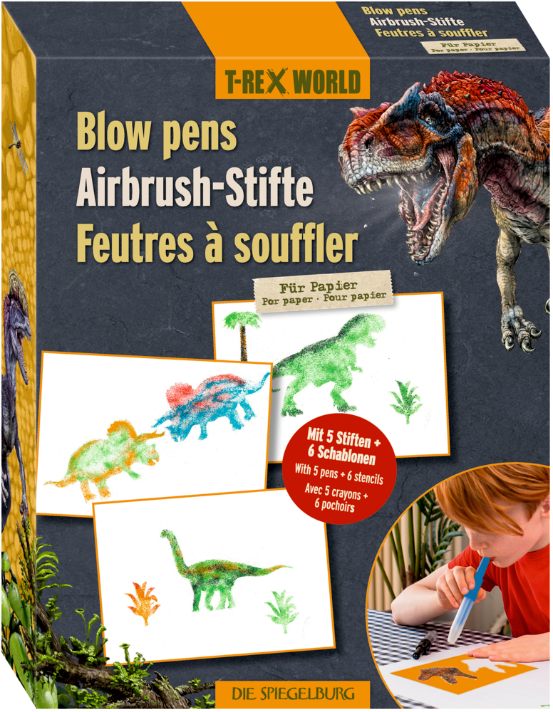 T-Rex World-Blasstifte: Schachtel mit Dinosaurierkunst, Stiften, Schablonen und einem Kind, das einen Blasstift benutzt.