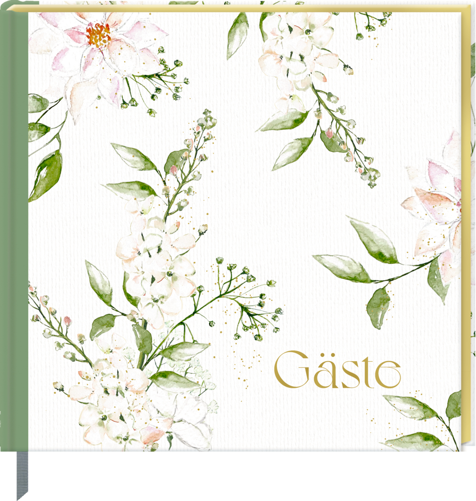 Weißes Gästebuch mit grünen Blättern und „Gäste“ in Gold auf dem Einband.