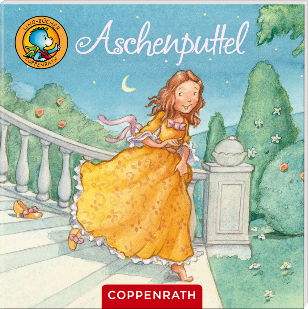 Mädchen im gelben Kleid rennt die Treppe hinunter; darüber steht „Aschenputtel“.