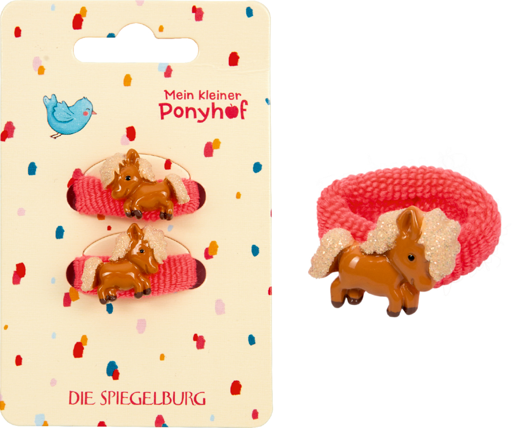 Set aus zwei pinken Haargummis, jeweils mit einem kleinen braunen Pony verziert. Auf einer bunten Pappkarte platziert.