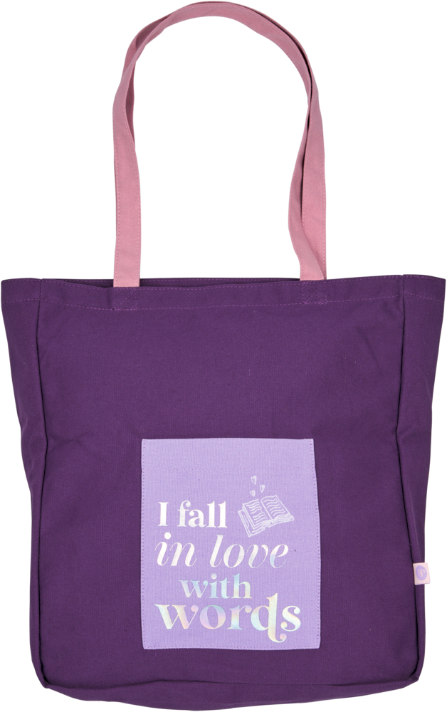 Lila Stofftasche mit rosa Henkeln und helllila Fronttasche mit Text und Buchsymbol.