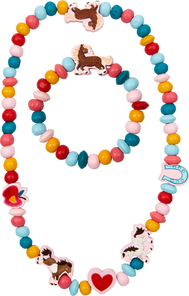 Buntes Perlenset mit Halskette und Armband und Anhängern in Form von Pferd, Hufeisen, Apfel und Herz.