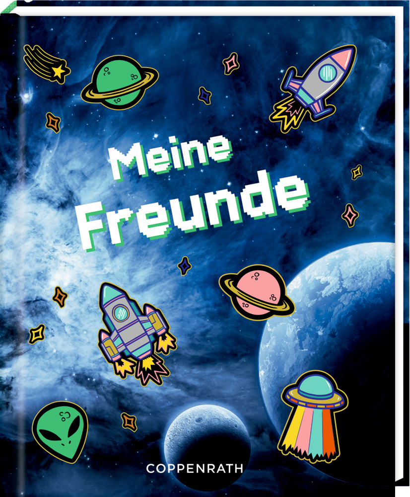 Blaues Freundebuchcover mit Weltraummotiven, Planeten, Raketen und dem Text „Meine Freunde“ in Pixel-Art.