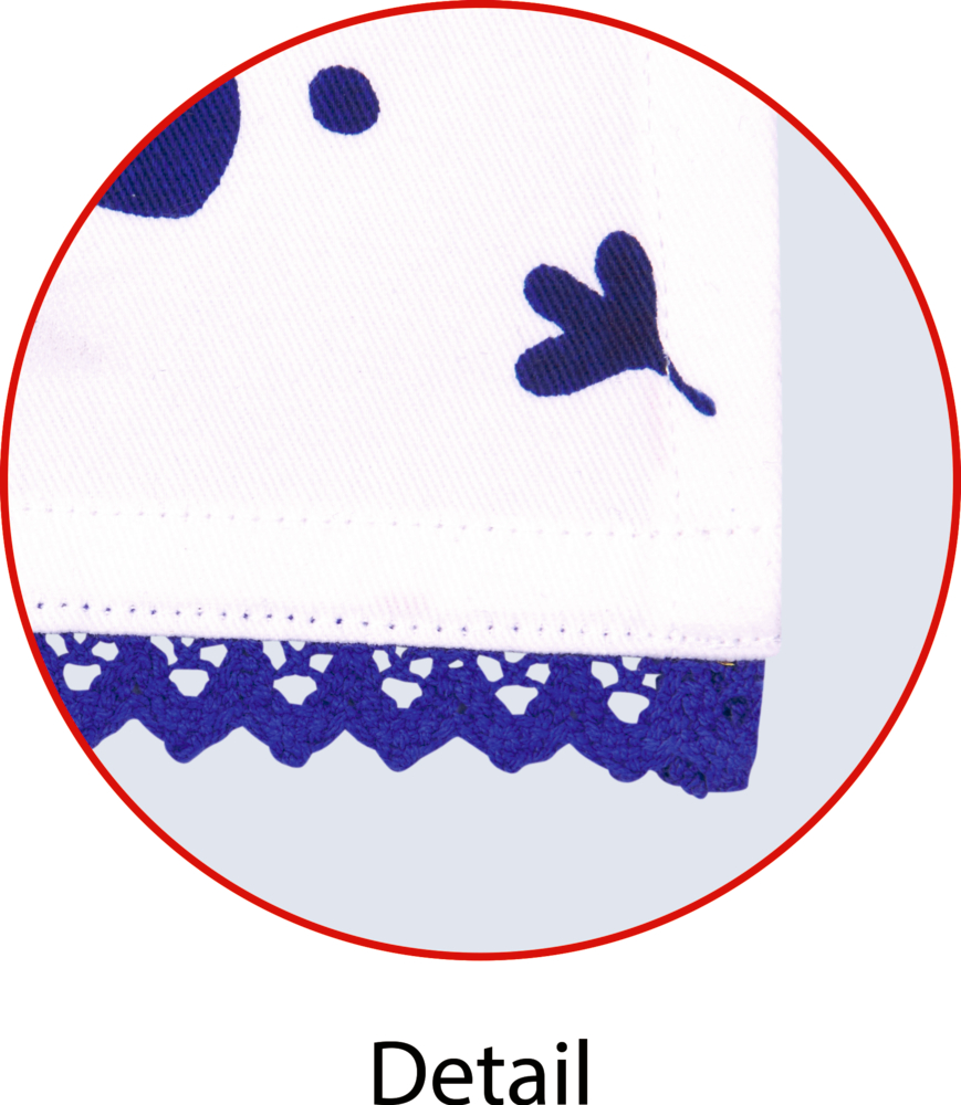 Weiße Stoffkante mit blauem Muster und blauer Häkelkante im Detail gezeigt.