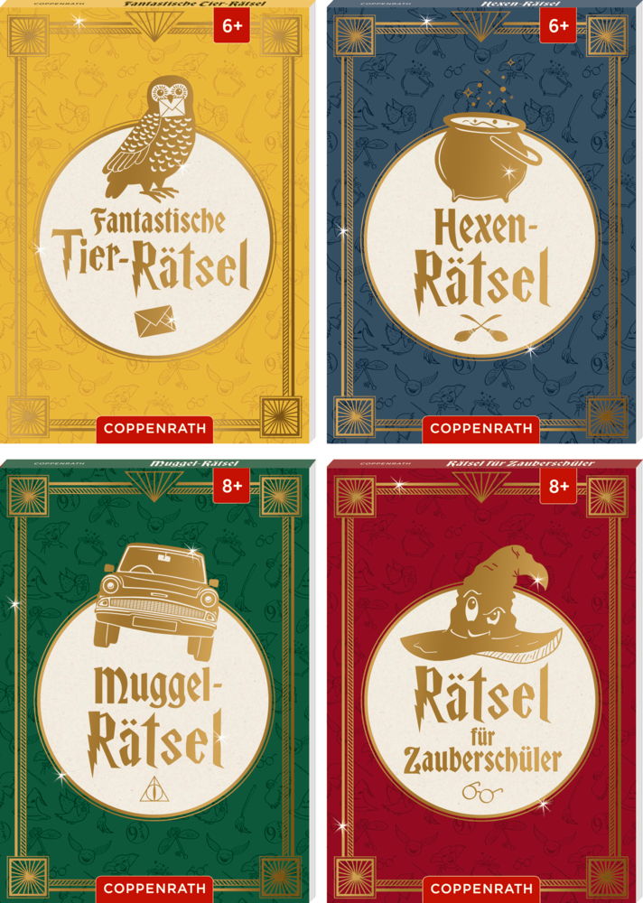 Vier farbige Rätselbücher mit goldenen Illustrationen von Eule, Kessel, Auto und Zauberhut, jeweils mit Altersangabe und Coppenrath-Logo.