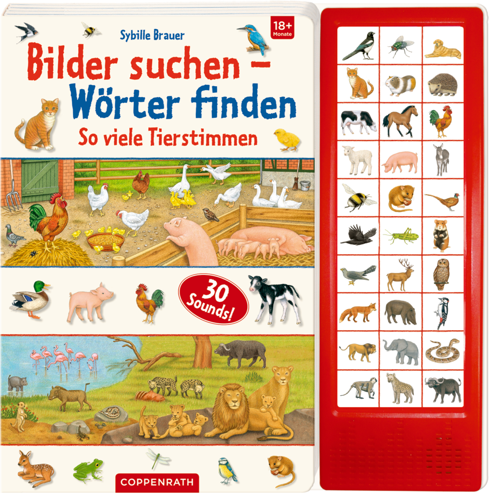 Cover eines Kinderbuchs mit Tiergeräuschen, das illustrierte Tiere und eine Klangtafel mit Tiersymbolen zeigt.