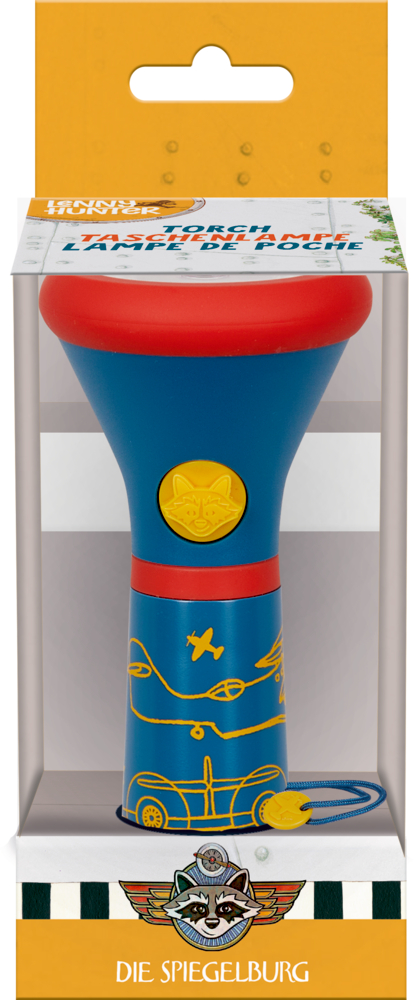 Blau-rote Spielzeug-Taschenlampe mit gelben Details, verpackt in Klarsichtbox von Die Spiegelburg.