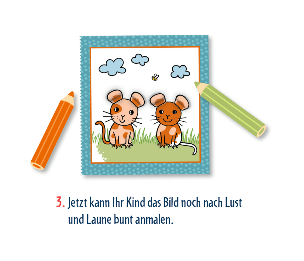 Zwei Mäuse mit Wolken und Gras, daneben orange und grüne Buntstifte, als fertiges Ergebnis einer Bastelanleitung.