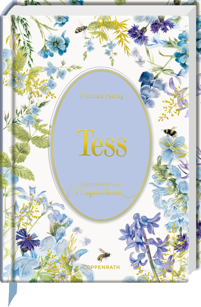 Mit Blumen und Bienen illustrierter Buchumschlag mit „Tess von Thomas Hardy“ in einem blauen ovalen Rahmen.