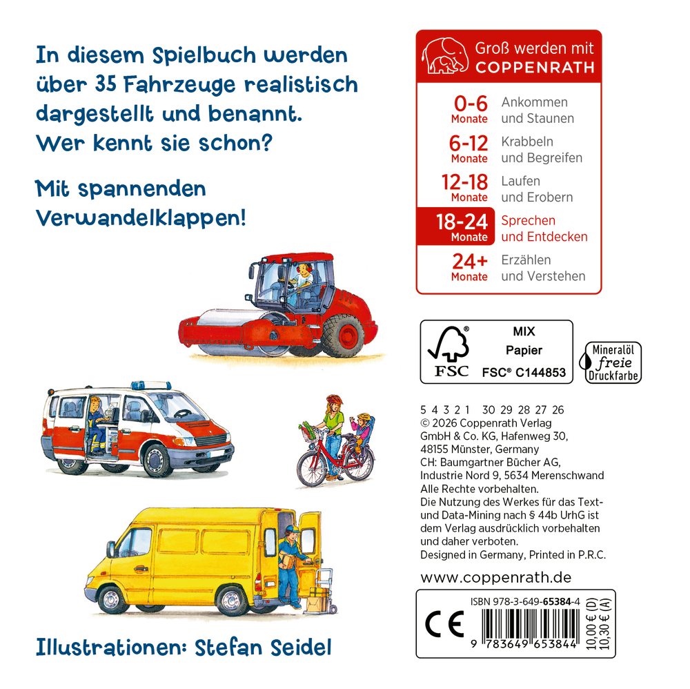 Buchrückseite mit rotem Straßenbaufahrzeug, gelbem Lieferwagen, Krankenwagen und Fahrrad.