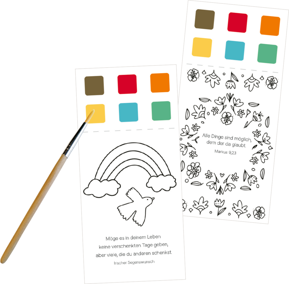 Zwei längliche Blätter mit Farbfeldern, Blumen- und Regenbogenmotiven. Daneben liegt ein Pinsel.