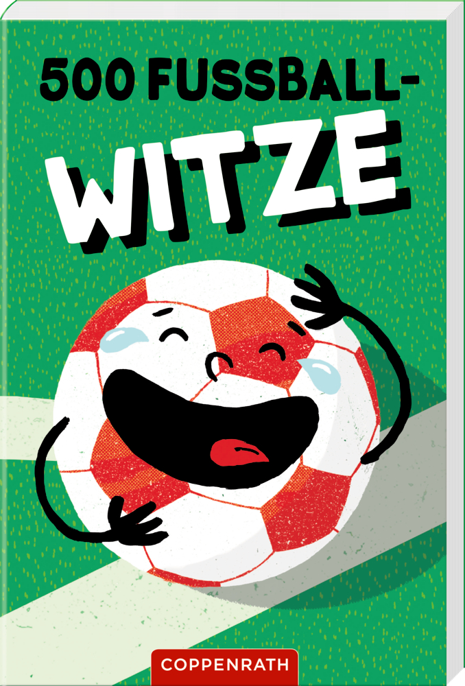 Buchcover mit lachendem gezeichnetem Fußball und dem Titel 500 Fußball-Witze.