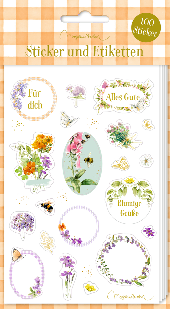 Stickerbogen mit Blumen, Bienen, Schmetterlingen und Grüßen wie „Alles Gute“ und „Für dich“.