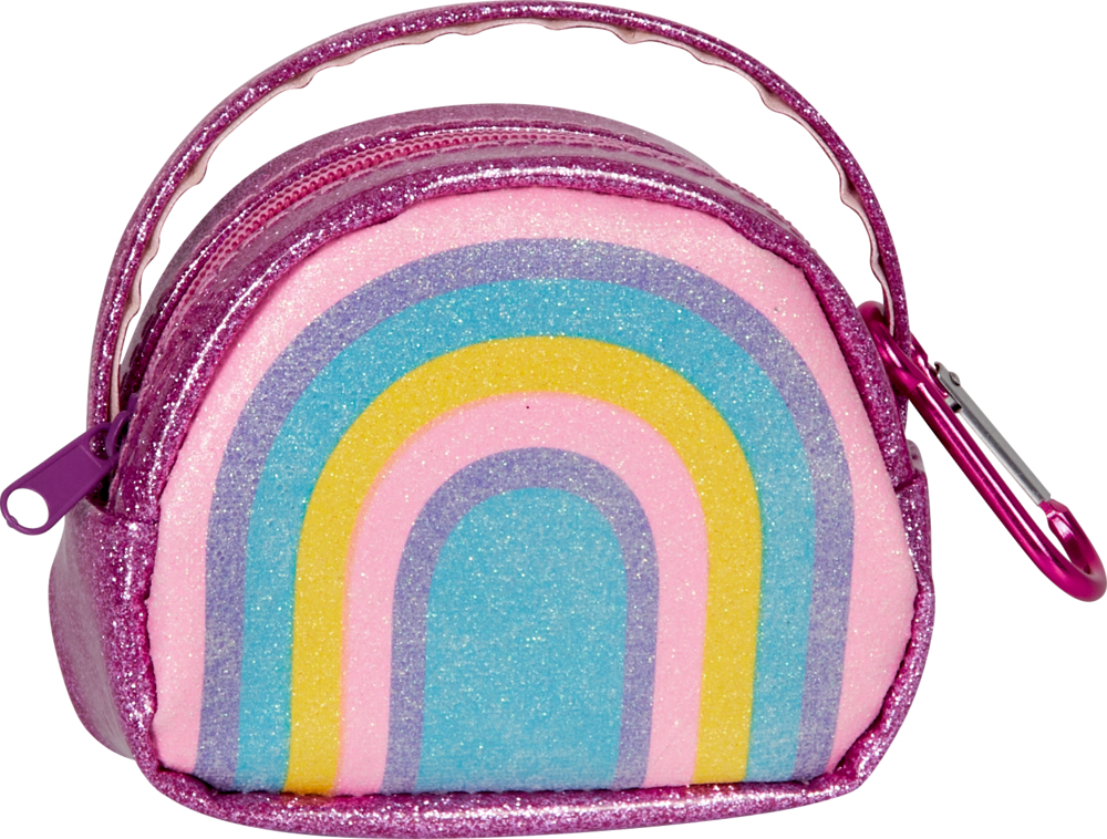 Rosa glitzernde Handtasche mit Regenbogendesign, lila Reißverschluss und Griff.