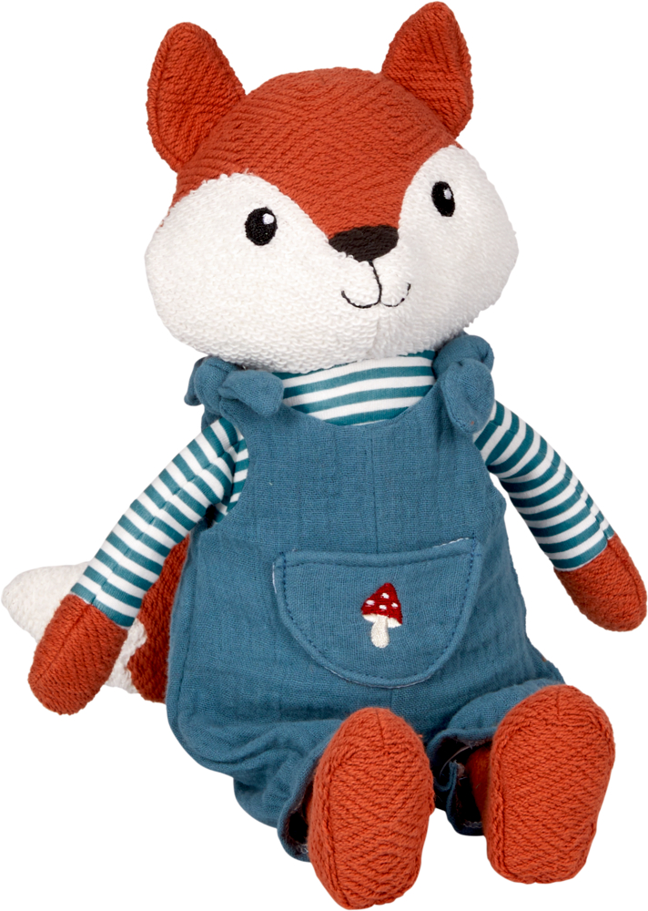 Plüschfuchs im blauen Overall und gestreiften Hemd, aufrecht sitzend und lächelnd.