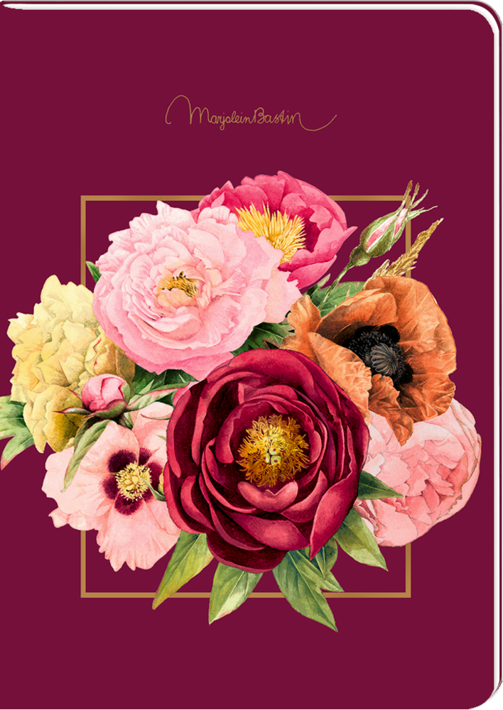 Notizheft mit farbenfroher Blumenstraußillustration auf burgunderfarbenem Hintergrund mit der Aufschrift „Marjolein Bastin“ darüber.