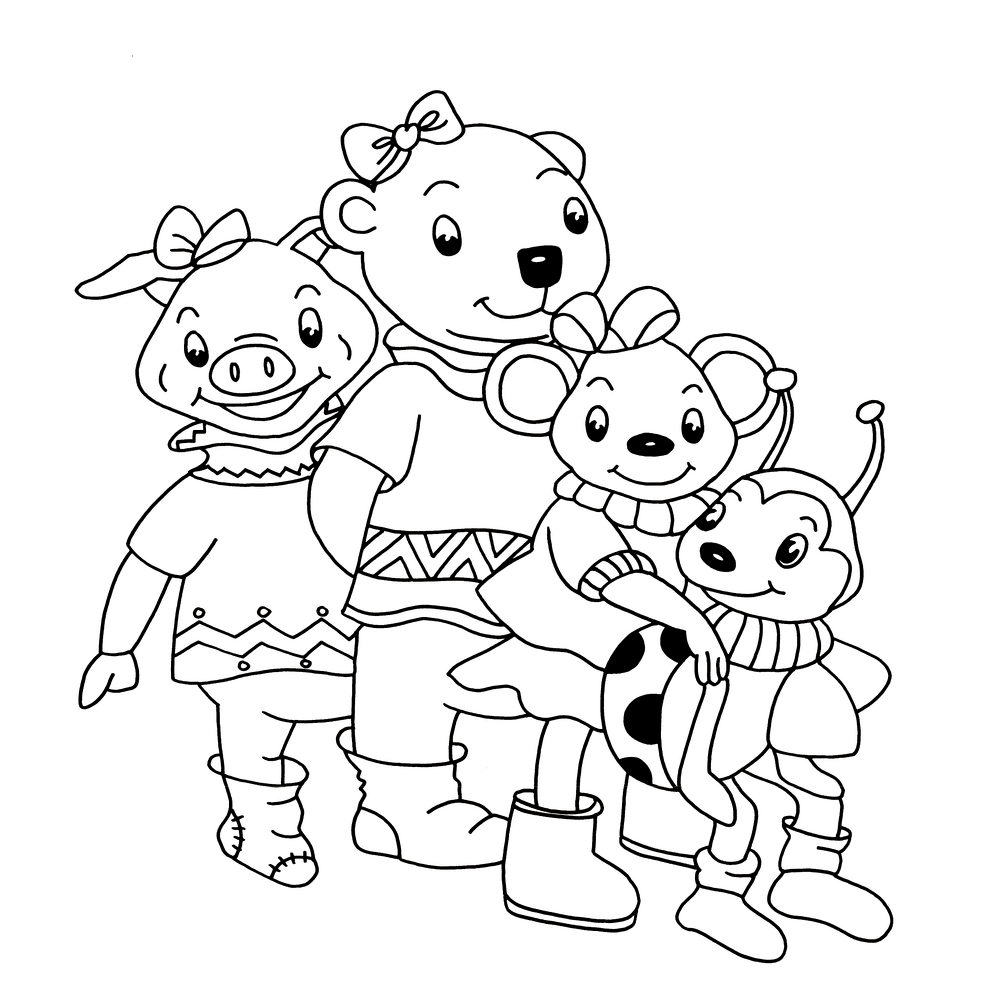 Vier gezeichnete Tierfiguren, ein Schwein, ein Bär, eine Maus und ein Marienkäfer, stehen nebeneinander.