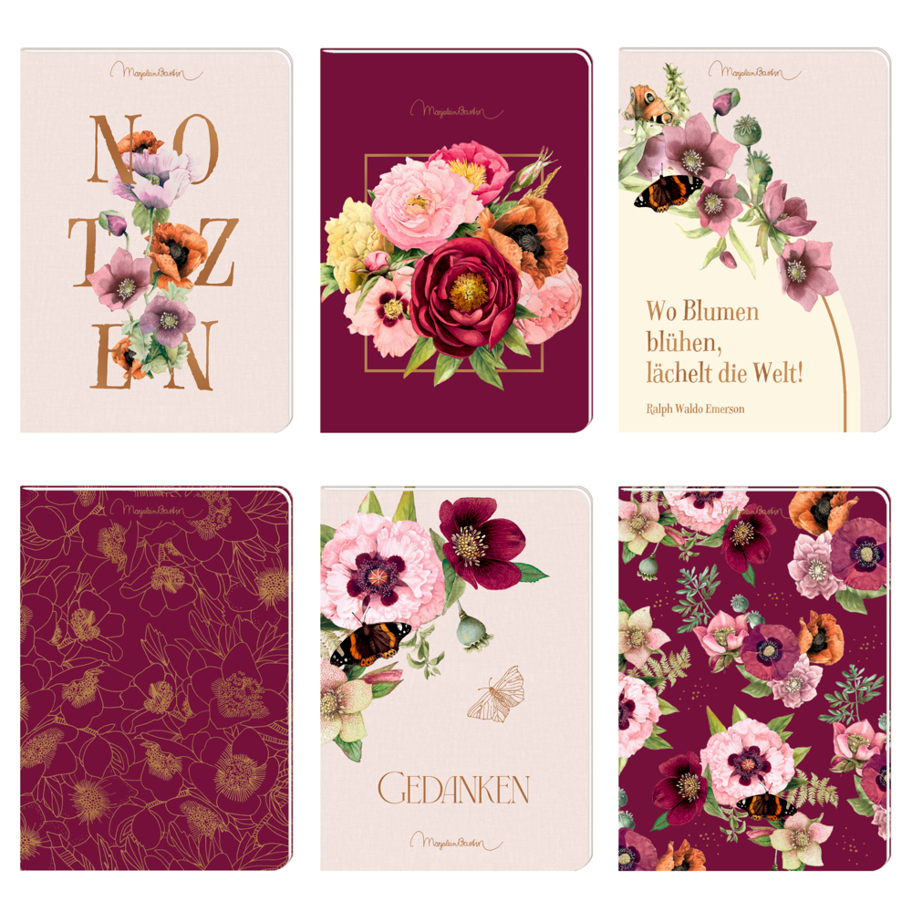 Sechs Notizbücher mit Blumenmotiven in Rosa, Burgunderrot und Creme, einige mit deutschem Text und Blumenillustrationen.