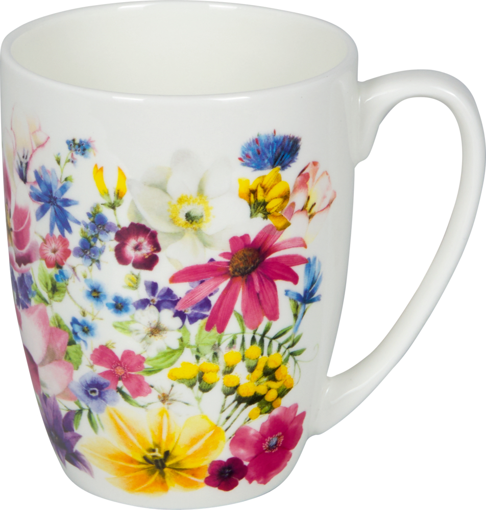 Weiße Porzellantasse mit vielen verschiedenen bunten Blumen.