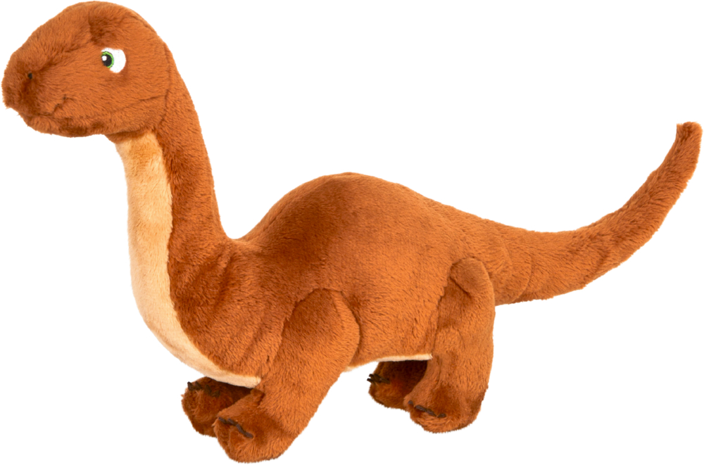 Plüschiges braunes Dinosaurierspielzeug mit langem Hals und Schwanz, auf vier Beinen stehend und nach links blickend.
