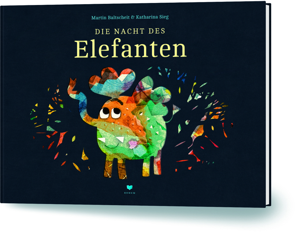 Bunter Cartoon-Elefant auf illustriertem Buchcover mit Titel: Die Nacht des Elefanten.