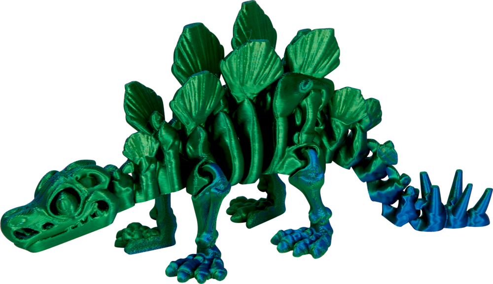 Grün-blauer 3D-gedruckter Stegosaurus mit blattähnlichen Platten auf dem Rücken.