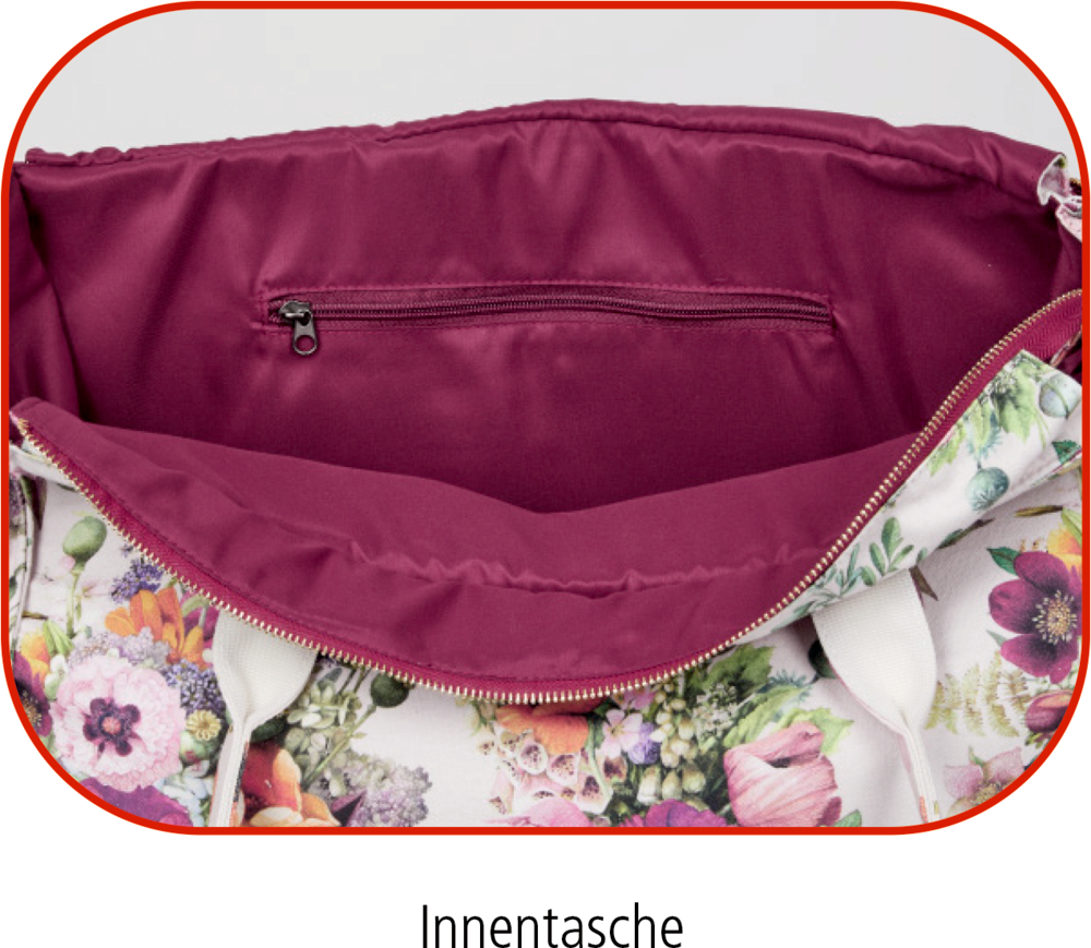 Offene Tasche mit Blumenmuster, burgunderfarbenem Futter und sichtbarer Innentasche mit Reißverschluss.