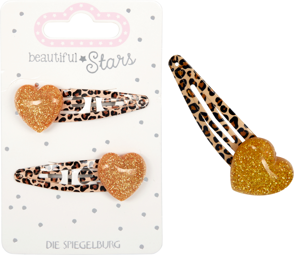 Zwei Haarspangen mit Leopardenmuster und goldglitzernden Herzdekoren auf einer Displaykarte.