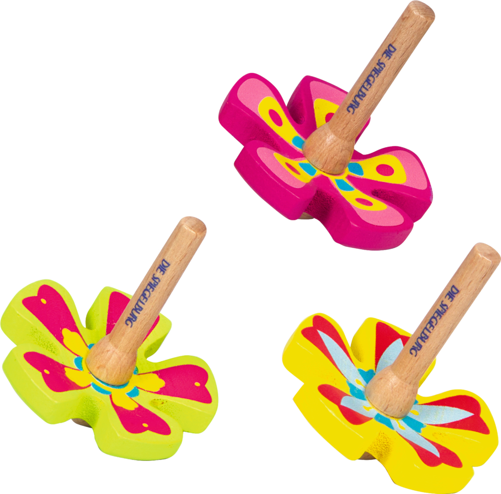 Drei bunte Kreisel aus Holz in Blütenform mit grünen, gelben und pinken Mustern.