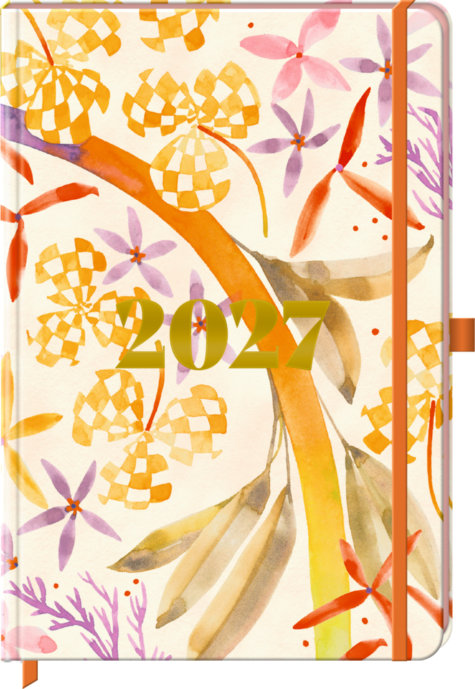 2027 Planer mit buntem Blumen-Aquarell-Muster, orangefarbenem Gummibandverschluss und Stiftschlaufe.