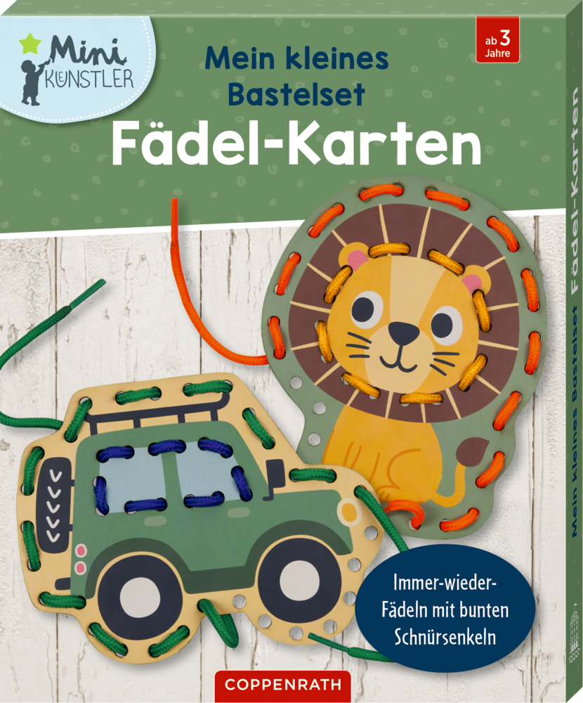 Ein Bastelset mit Lochkarten von einem Löwen und einem Jeep, dazu bunte Schnürsenkel.